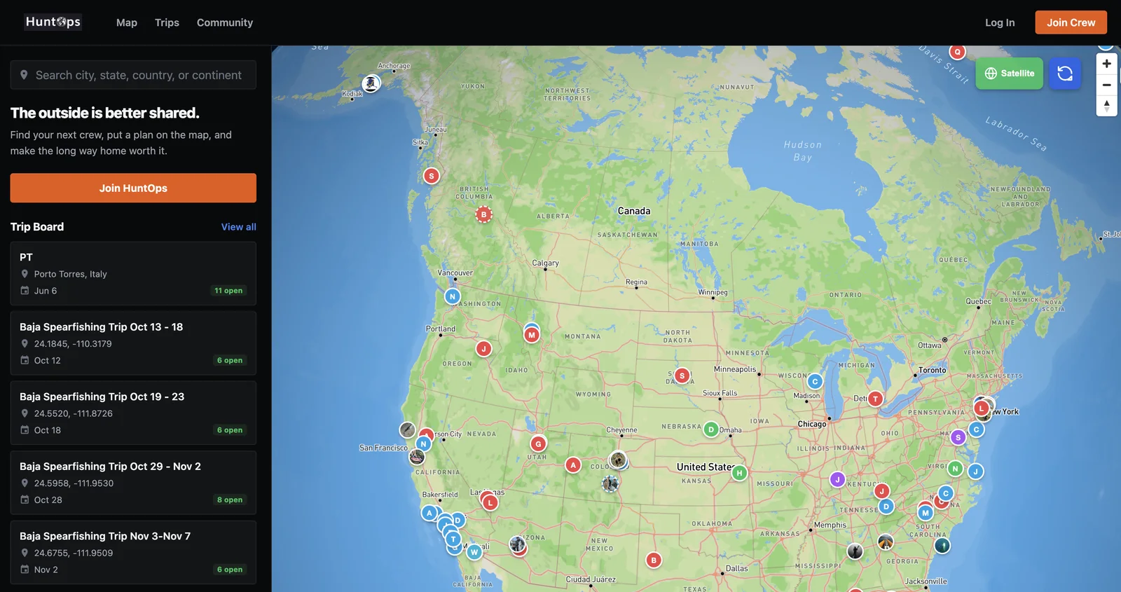 Real HuntOps desktop screen with place search, trip board, map markers and orange Join Crew button.