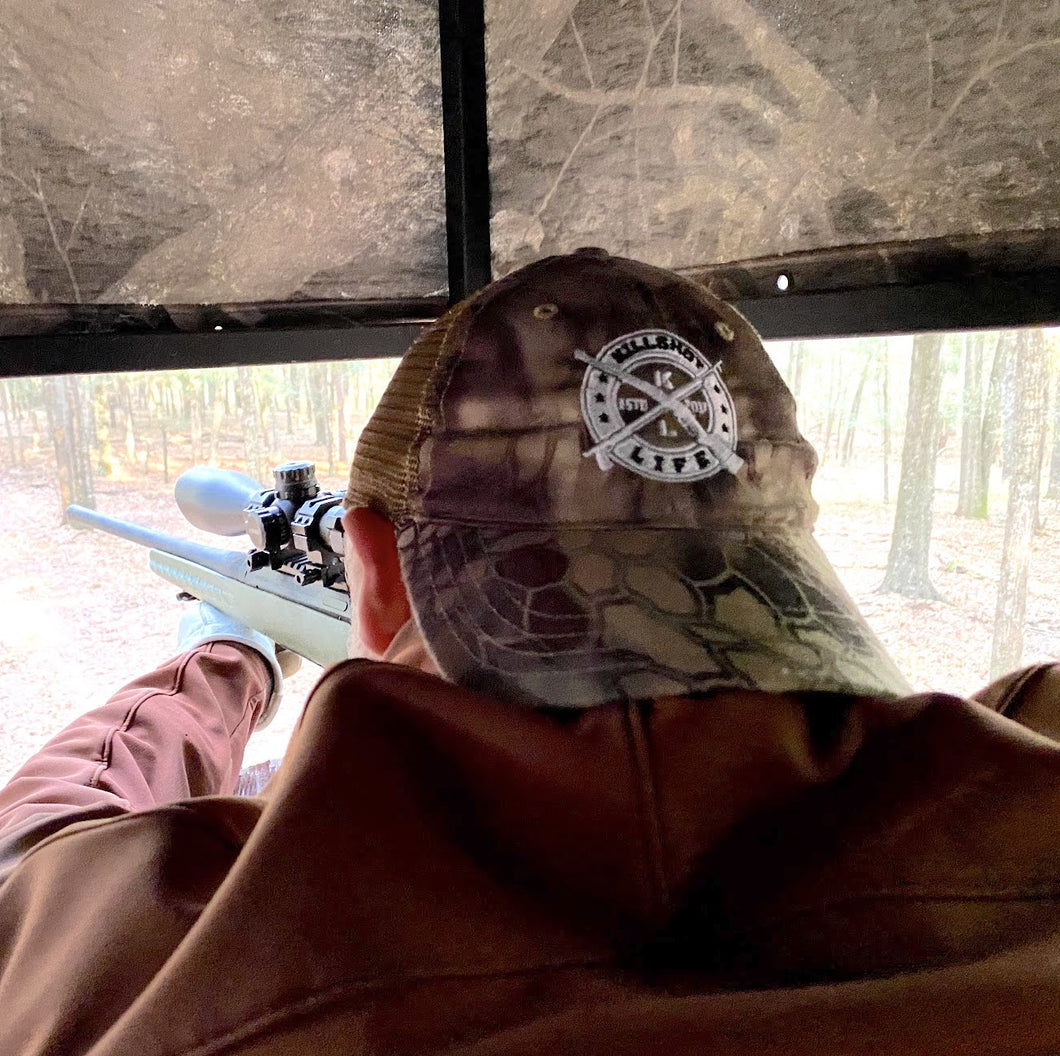 KILLSHOT Life Garment Washed Camo Trucker Hat - Kryptek Highlander / Brown